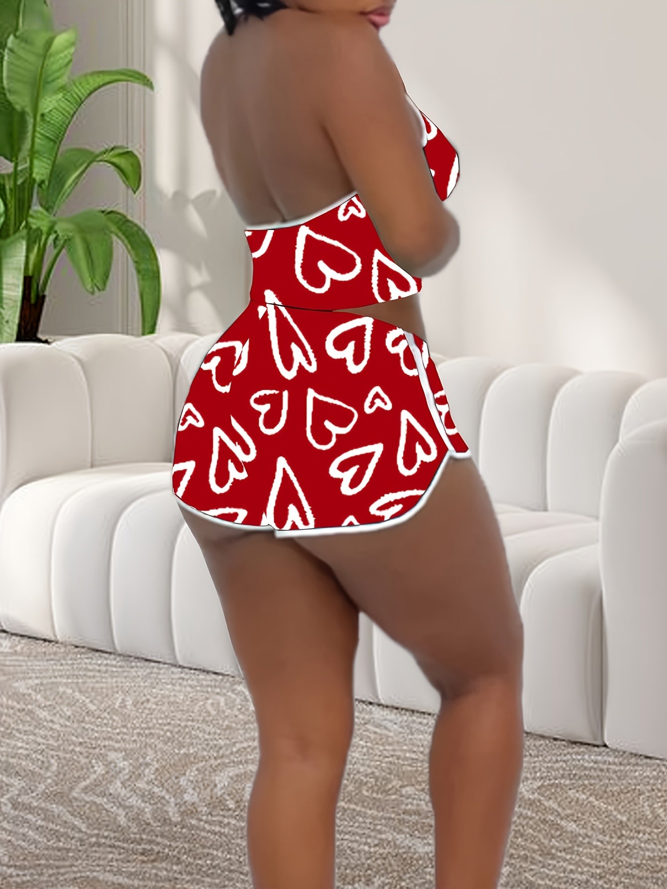 Women's Love Print Contrast Stitching Camisole Romper Set